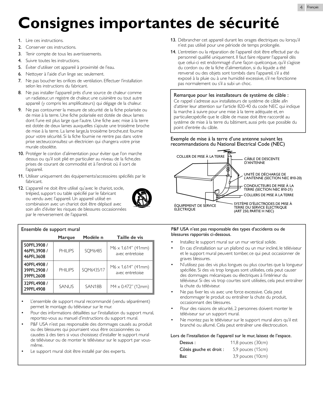 Philips 29PFL4908 user manual Remarque pour les installateurs de système de câble 