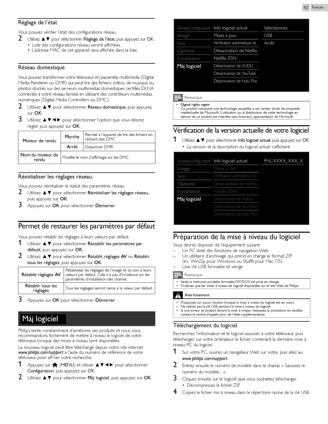 Philips 29PFL4908 user manual Préparation de la mise à niveau du logiciel, Réglage de l’état, Réseau domestique 