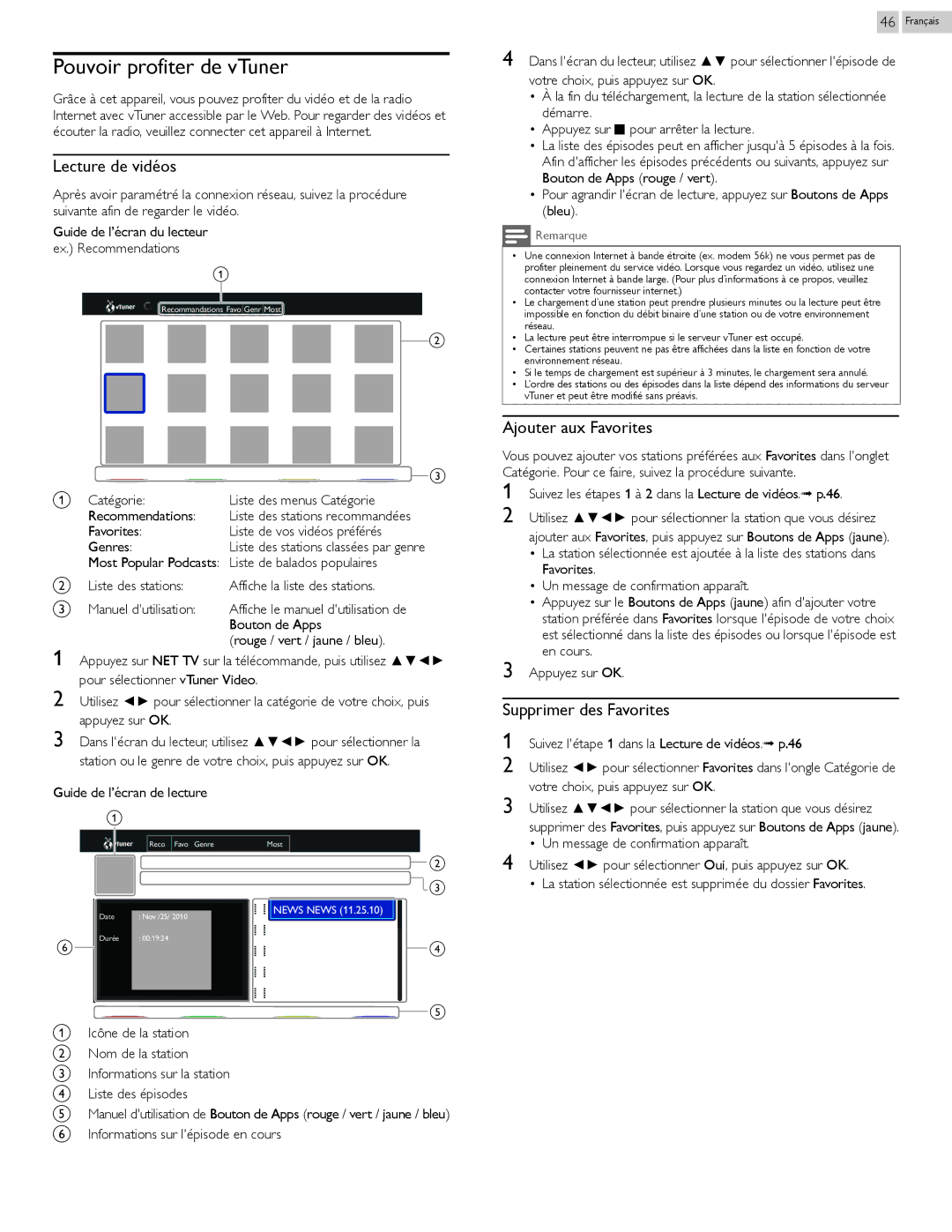 Philips 29PFL4908 user manual Pouvoir profiter de vTuner, Lecture de vidéos, Ajouter aux Favorites, Supprimer des Favorites 