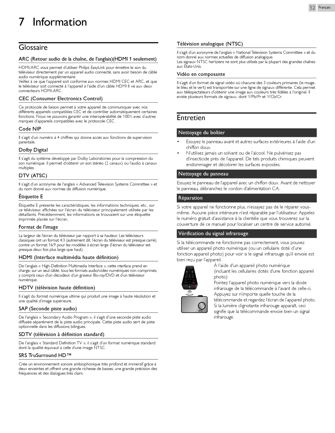 Philips 29PFL4908 user manual Information, Glossaire, Entretien 