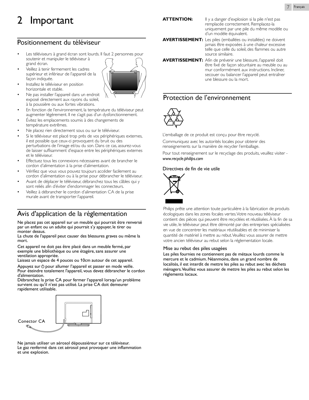 Philips 29PFL4908 Positionnement du téléviseur, Avis dapplication de la réglementation, Protection de l’environnement 