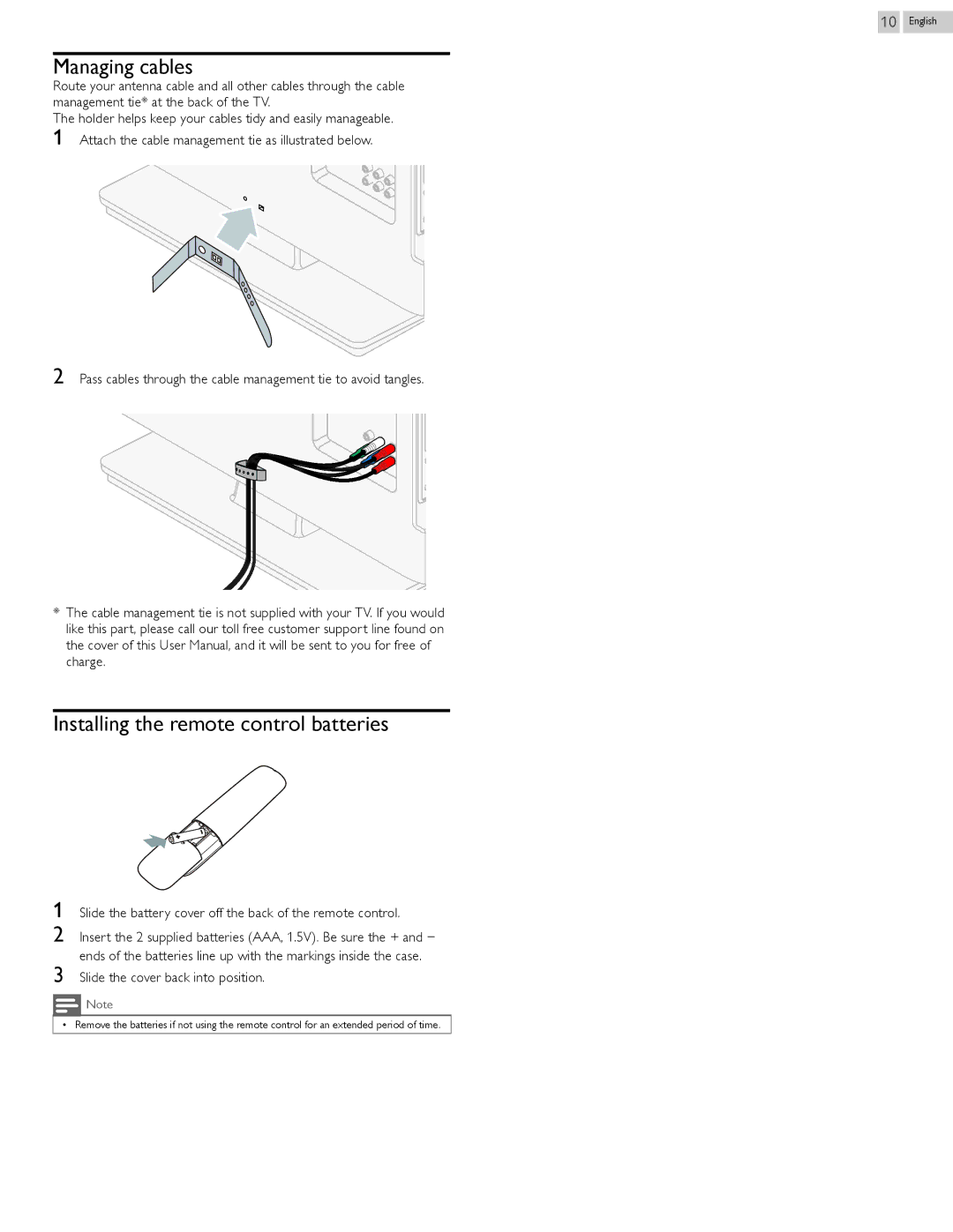 Philips 29PFL4908/F7 Managing cables, Installing the remote control batteries, Slide the cover back into position 