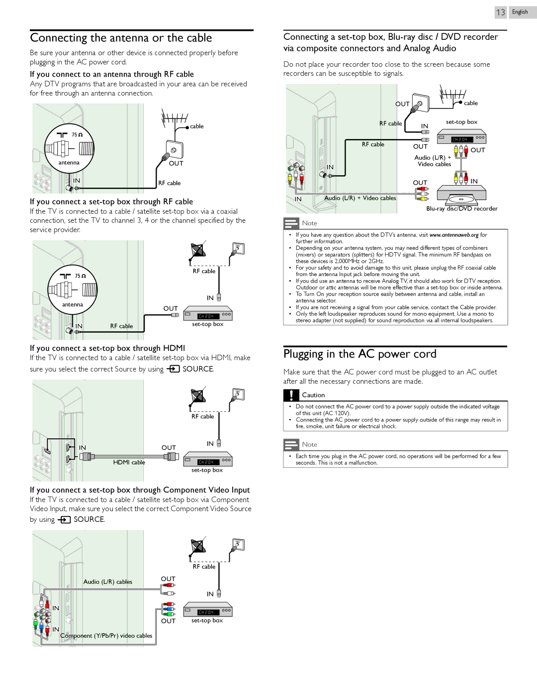 Philips 29PFL4908/F7 user manual Connecting the antenna or the cable, Plugging in the AC power cord 