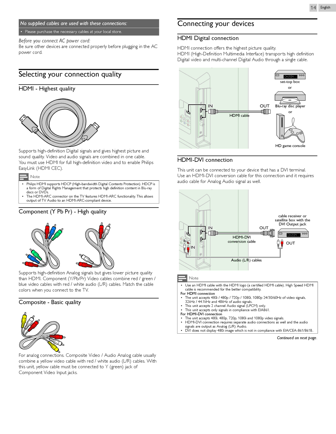 Philips 29PFL4908/F7 user manual Selecting your connection quality, Connecting your devices 