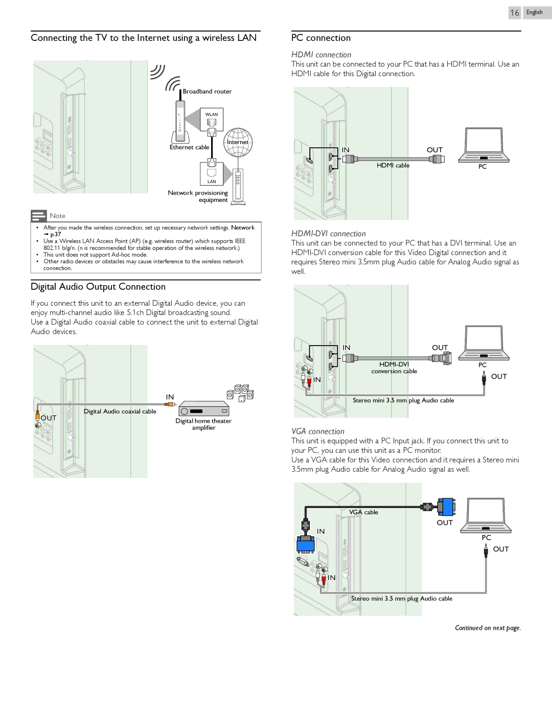 Philips 29PFL4908/F7 user manual Connecting the TV to the Internet using a wireless LAN, Digital Audio Output Connection 