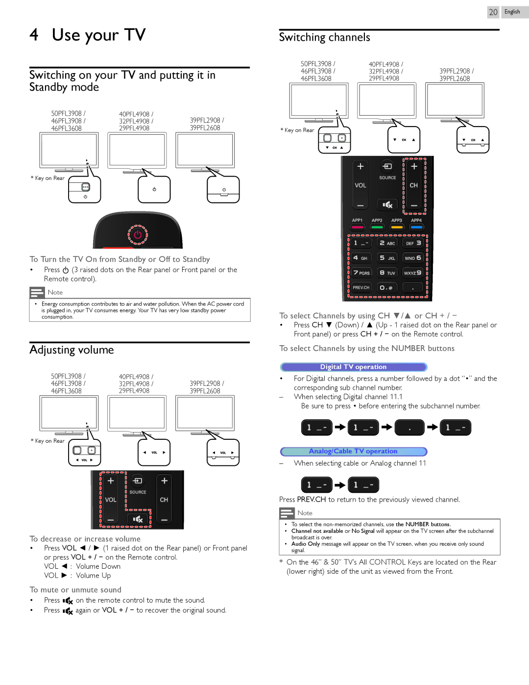 Philips 29PFL4908/F7 user manual Use your TV, Switching on your TV and putting it in Standby mode, Adjusting volume 