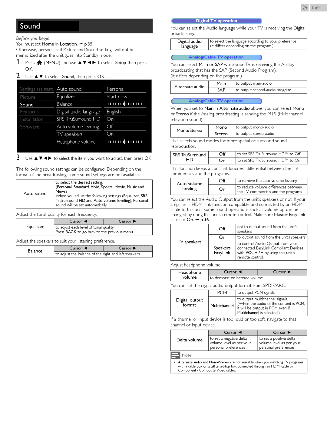 Philips 29PFL4908/F7 user manual Auto sound Personal, Equalizer, Sound Balance, English, SRS TruSurround HD 