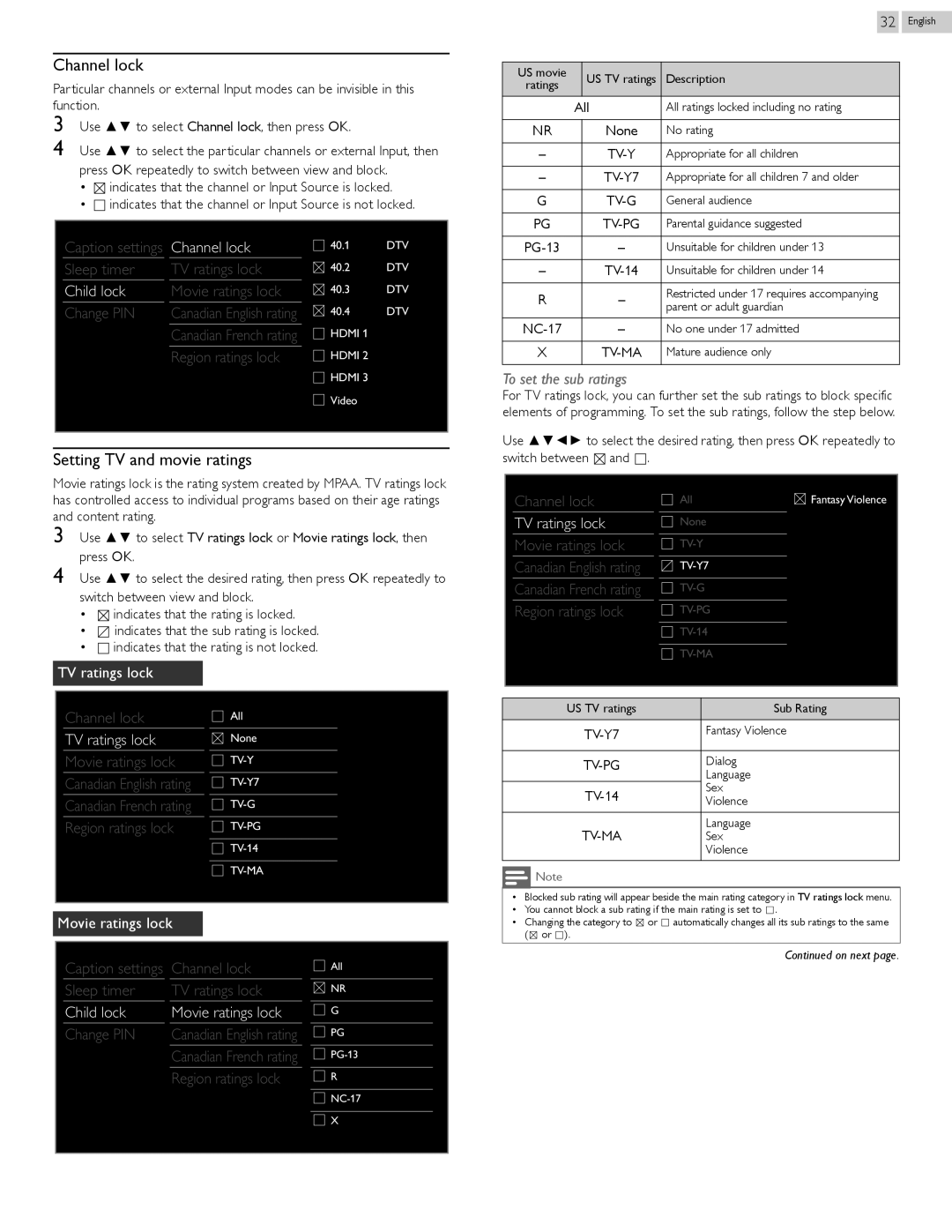 Philips 29PFL4908/F7 user manual Setting TV and movie ratings, Child lock, All, Tv-Ma 