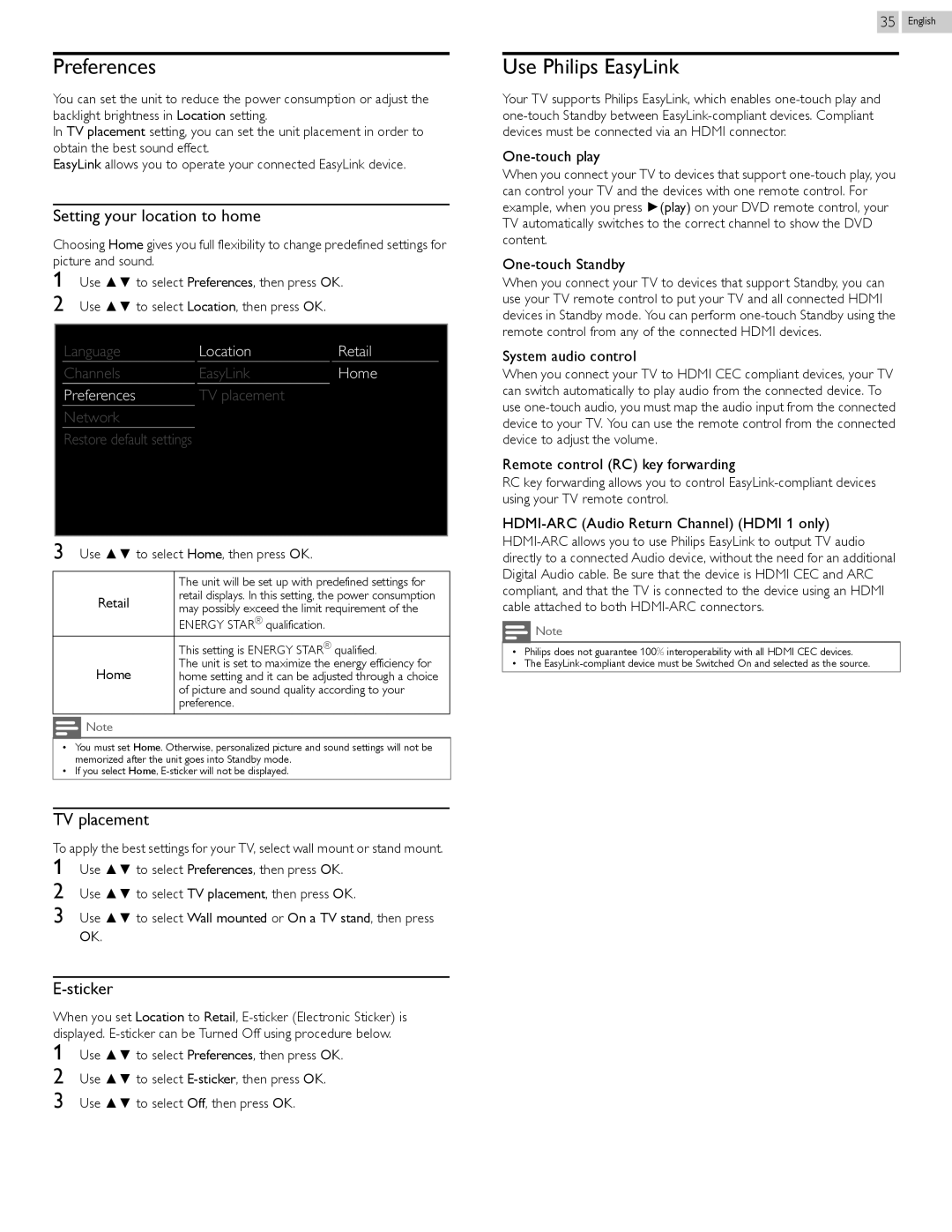 Philips 29PFL4908/F7 user manual Preferences, Use Philips EasyLink, Setting your location to home, TV placement, Sticker 