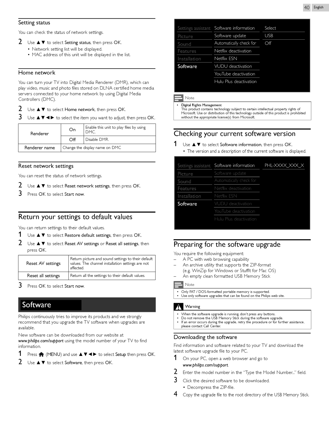 Philips 29PFL4908/F7 user manual Preparing for the software upgrade, Setting status, Home network, Reset network settings 