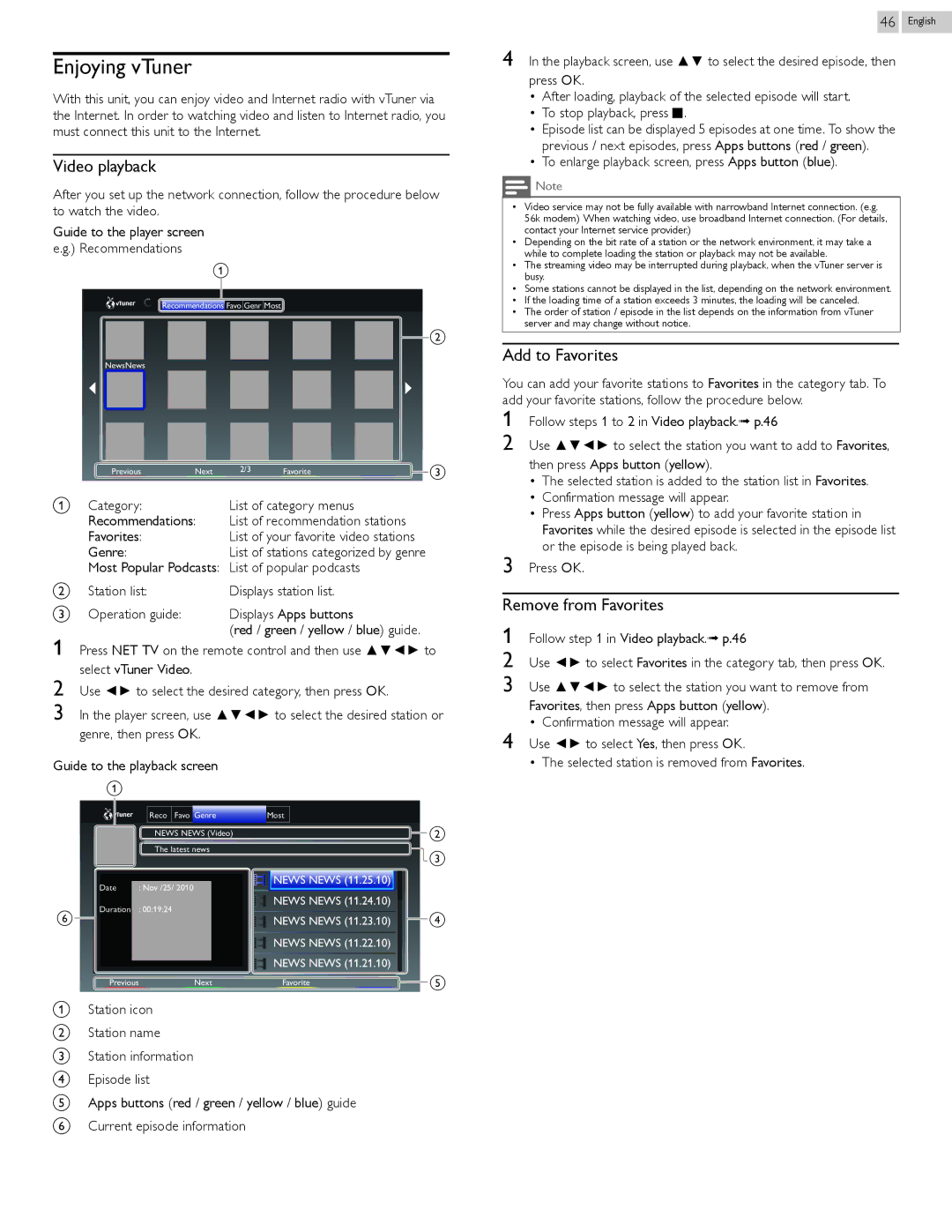 Philips 29PFL4908/F7 user manual Enjoying vTuner, Video playback, Add to Favorites, Remove from Favorites 