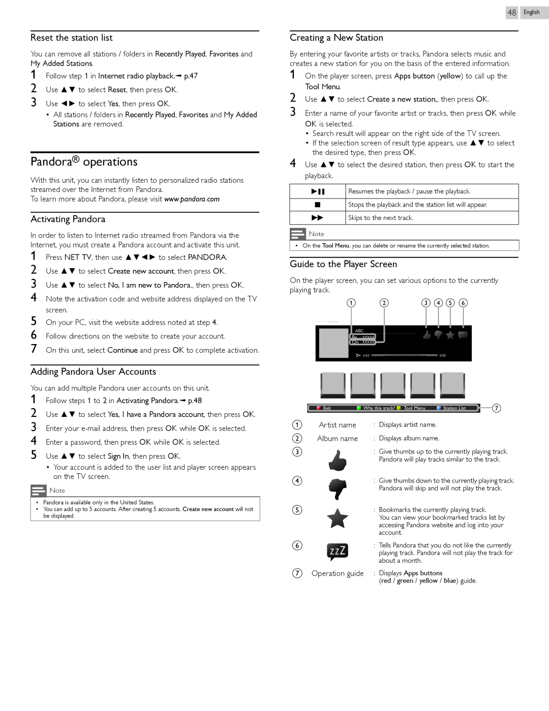 Philips 29PFL4908/F7 Pandora operations, Reset the station list, Activating Pandora, Adding Pandora User Accounts 