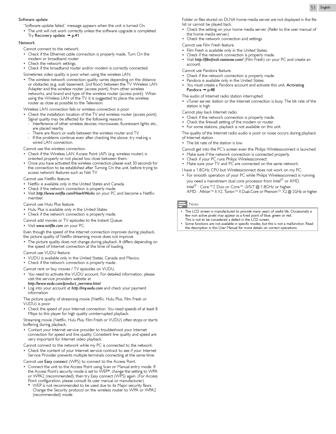 Philips 29PFL4908/F7 user manual Wireless LAN connection fails or wireless connection is poor 