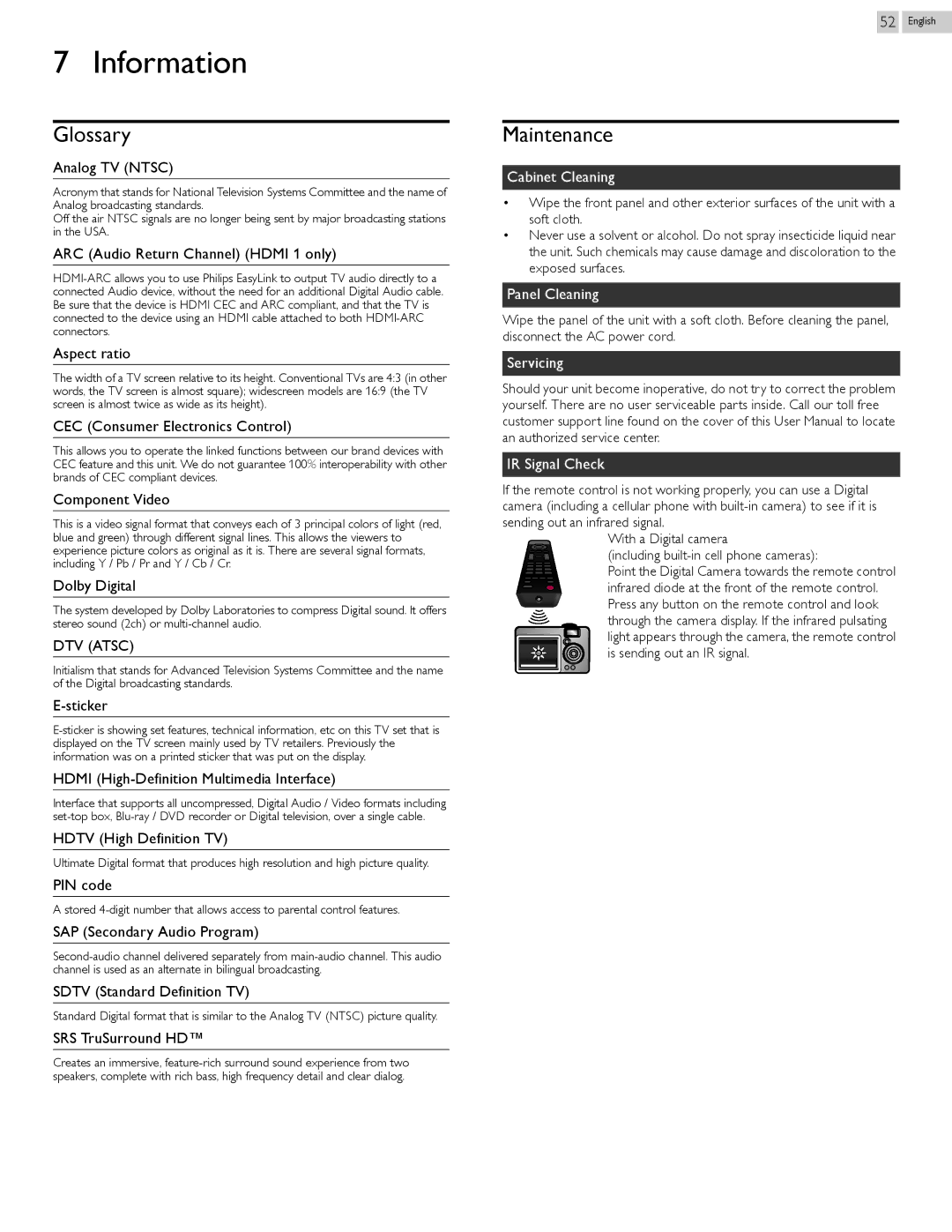 Philips 29PFL4908/F7 user manual Information, Glossary, Maintenance 