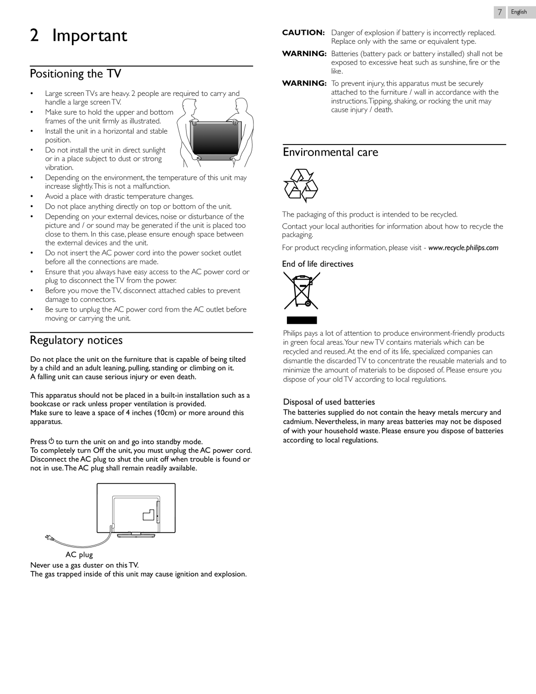 Philips 29PFL4908/F7 user manual Positioning the TV, Regulatory notices, Environmental care, End of life directives 