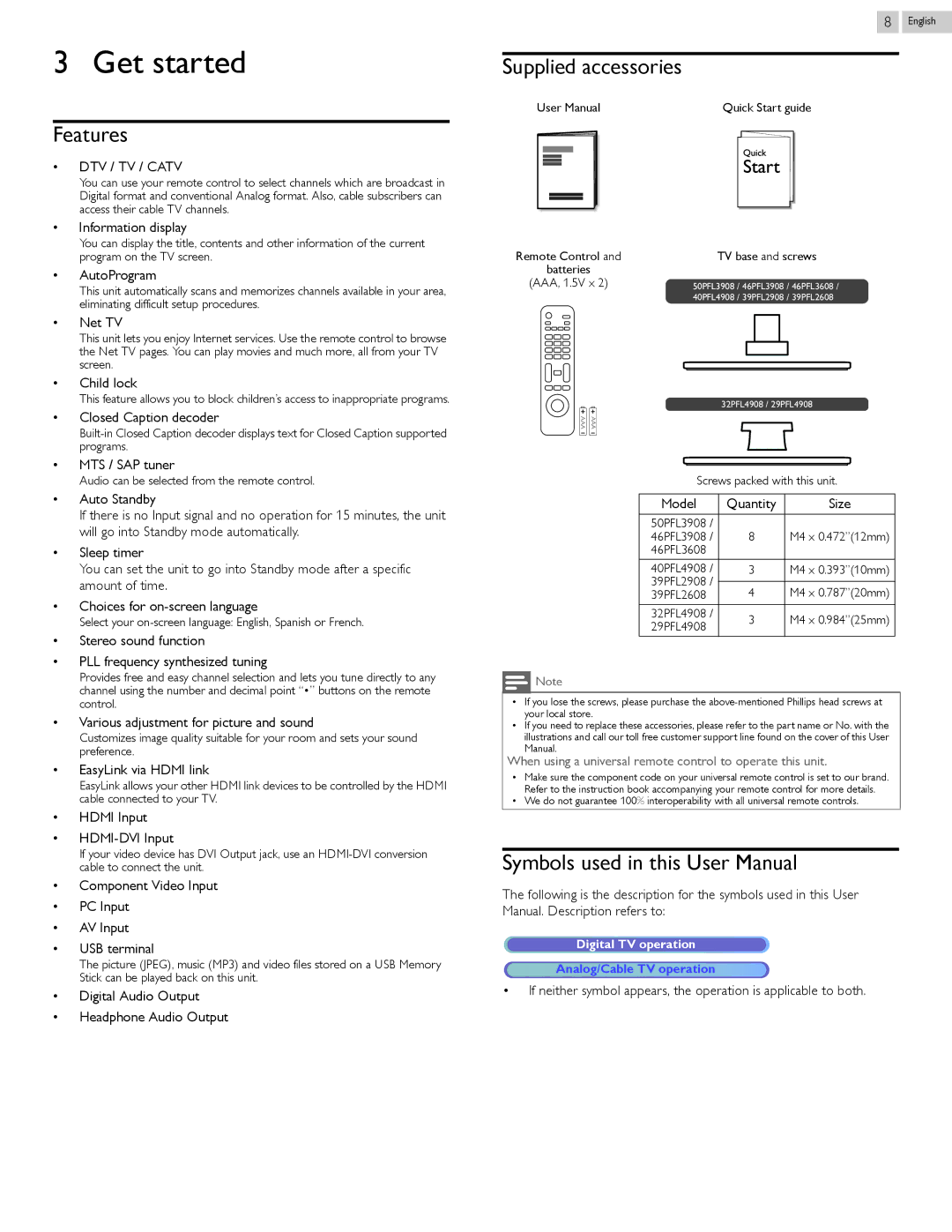 Philips 29PFL4908/F7 user manual Get started, Features, Supplied accessories, DTV / TV / Catv 