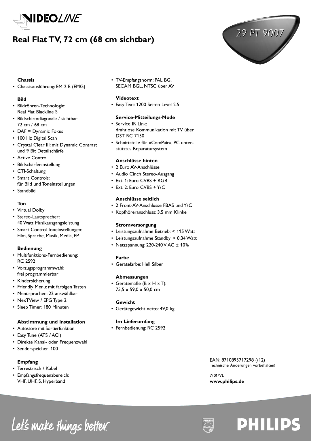 Philips 29PT 9007 Chassis, Bild, Ton, Bedienung, Abstimmung und Installation, Empfang, Videotext, Service-Mitteilungs-Mode 