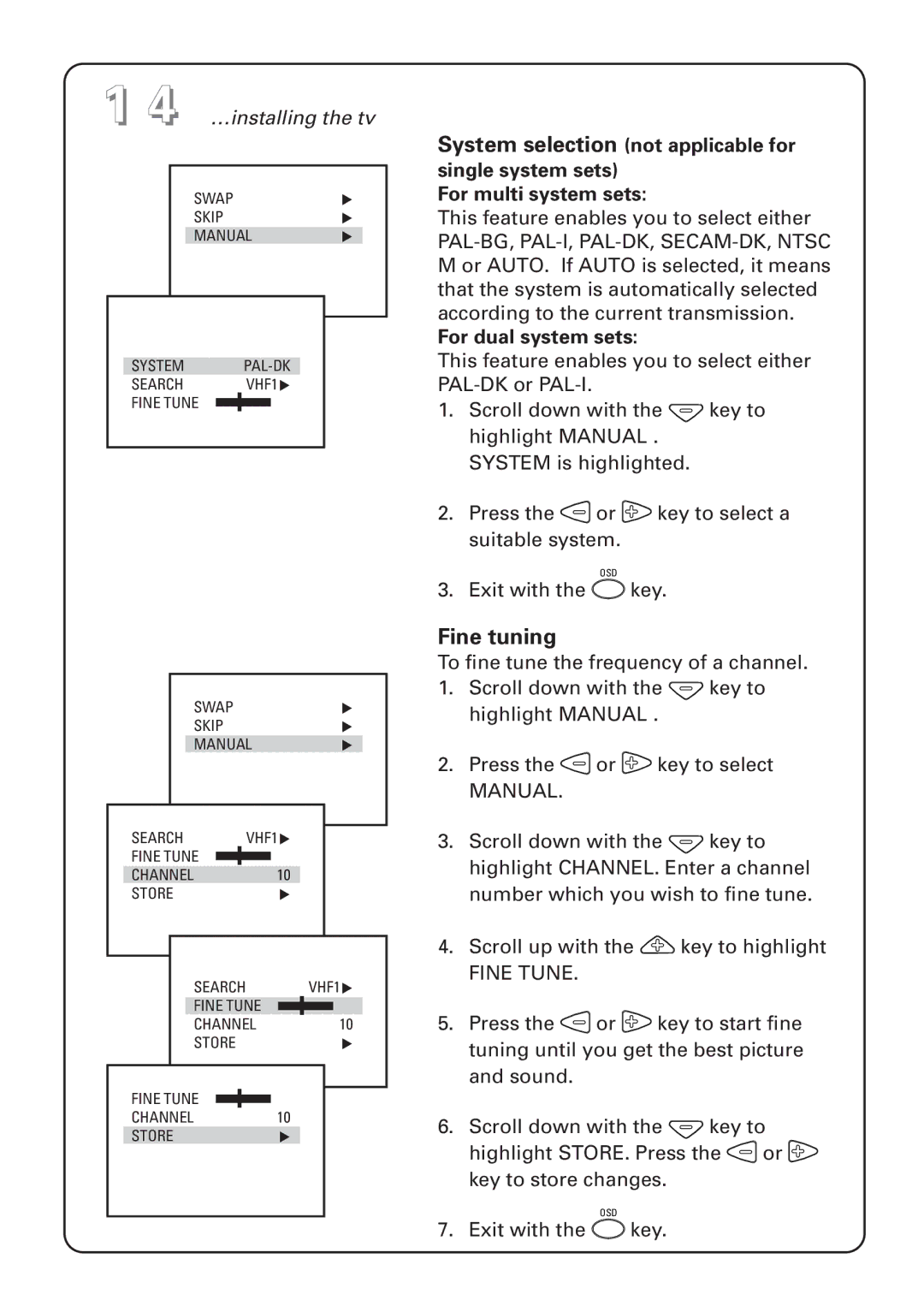 Philips 29PT instruction manual Fine tuning, For dual system sets 