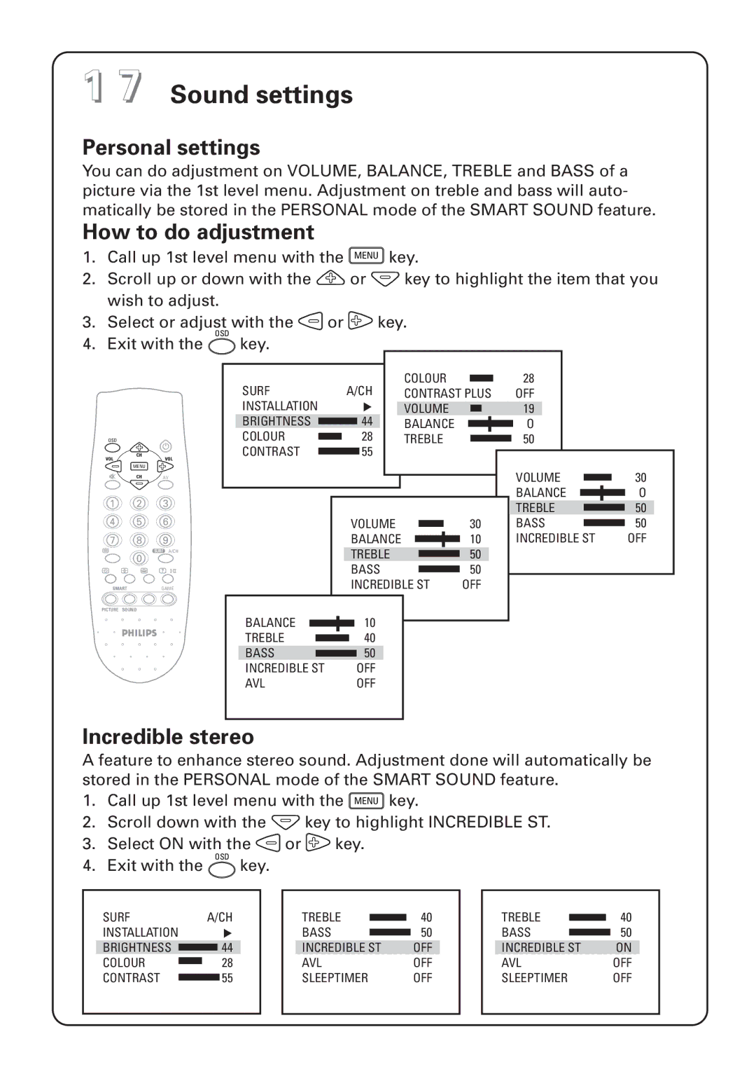 Philips 29PT instruction manual Sound settings, Incredible stereo 