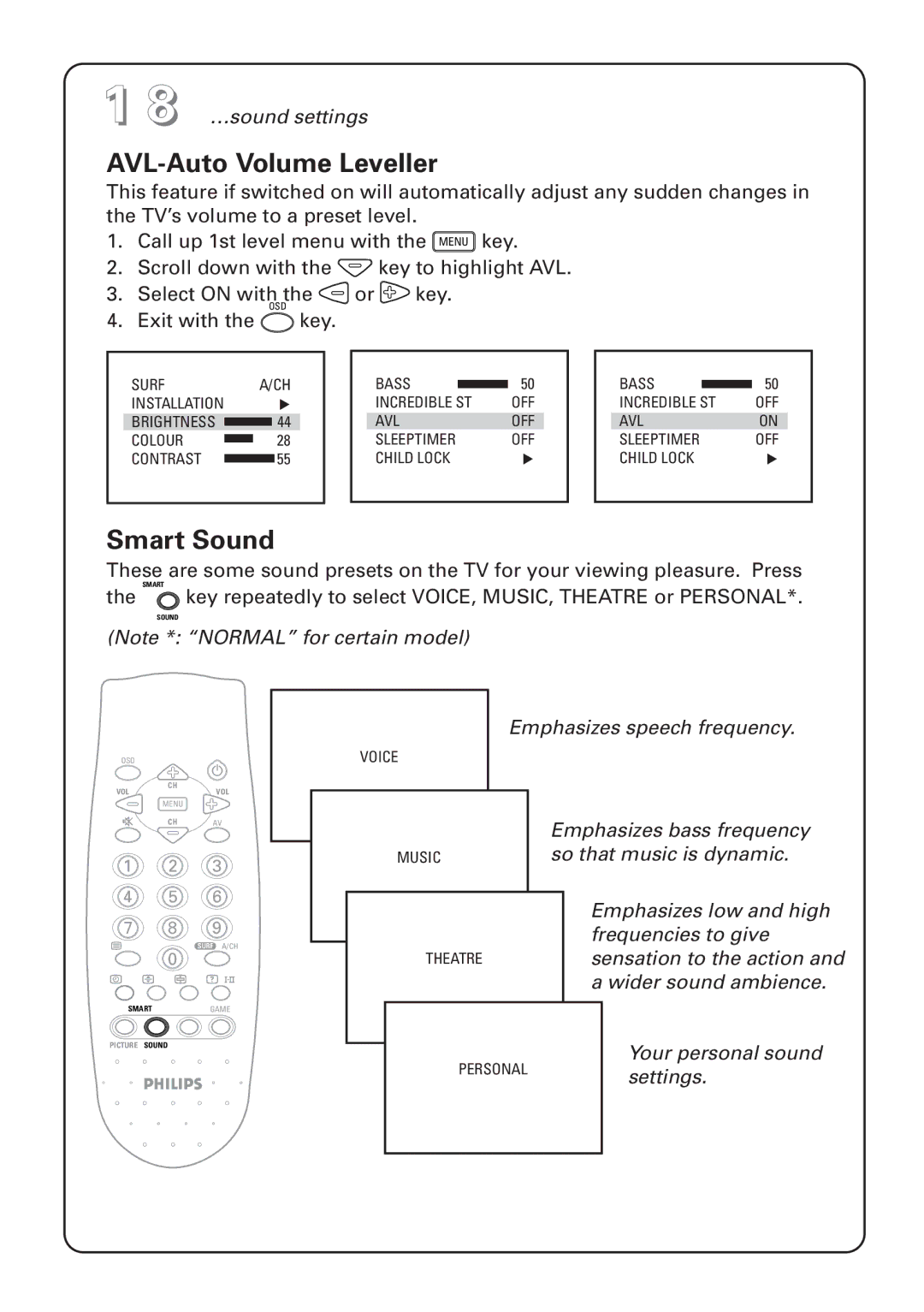 Philips 29PT instruction manual AVL-Auto Volume Leveller, Smart Sound 