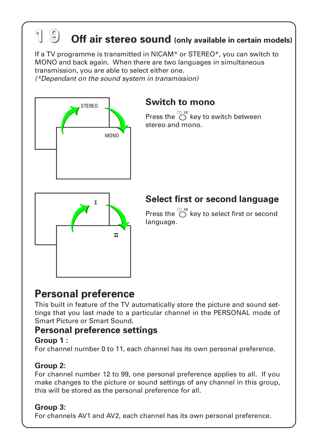 Philips 29PT instruction manual Switch to mono, Select first or second language, Personal preference settings 