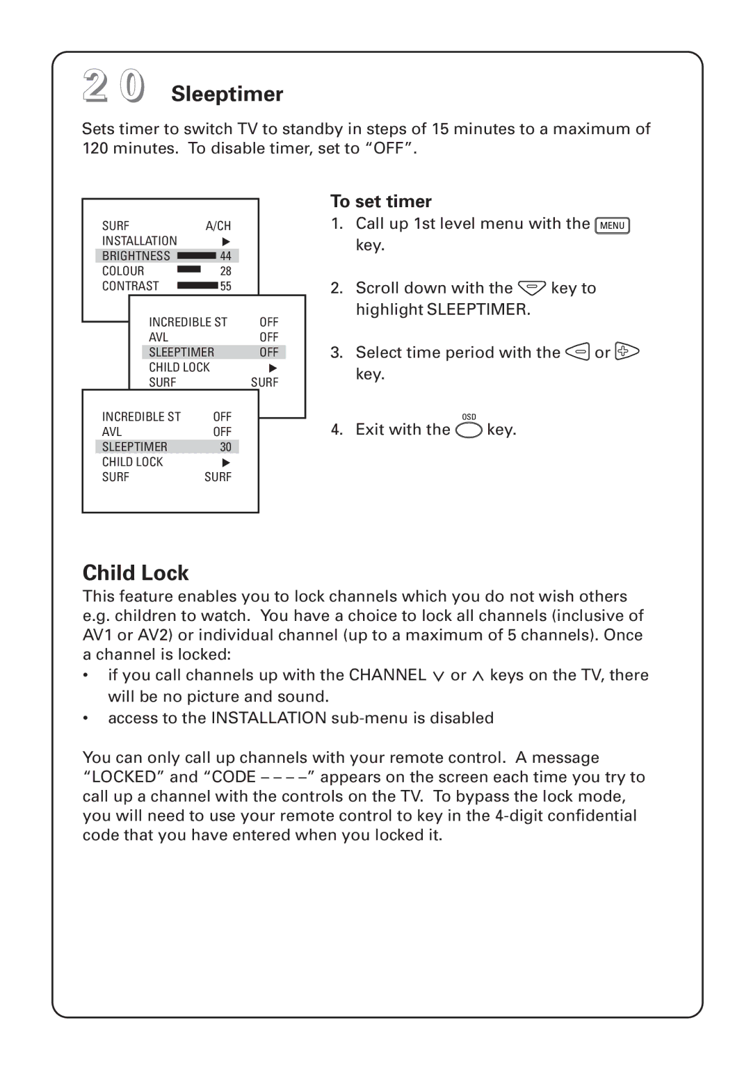 Philips 29PT instruction manual Sleeptimer, Child Lock, To set timer 