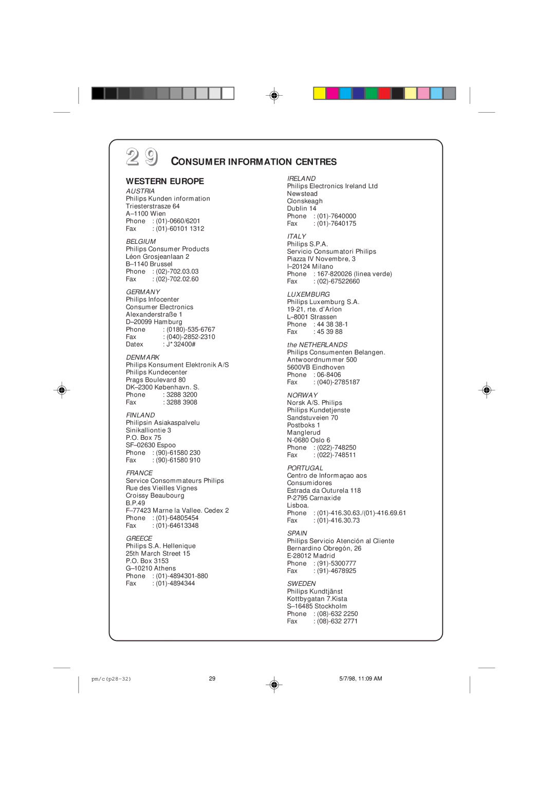 Philips 29PT instruction manual Consumer Information Centres 