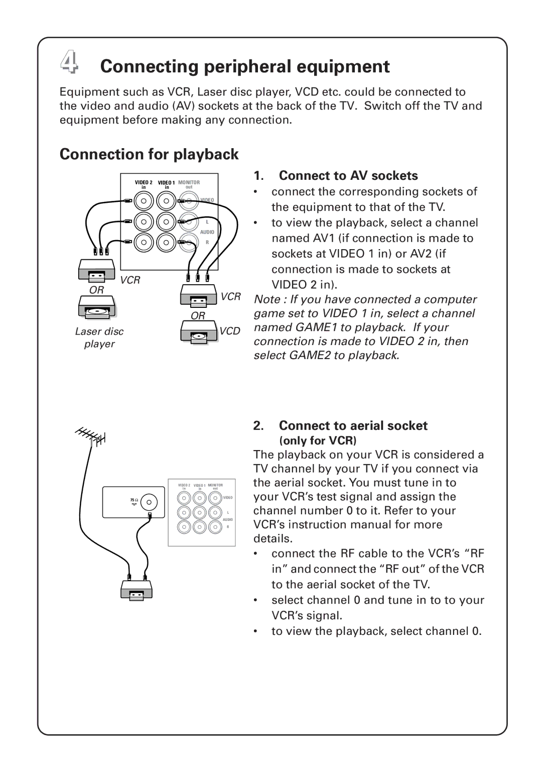 Philips 29PT Connecting peripheral equipment, Connection for playback, Connect to AV sockets, Connect to aerial socket 