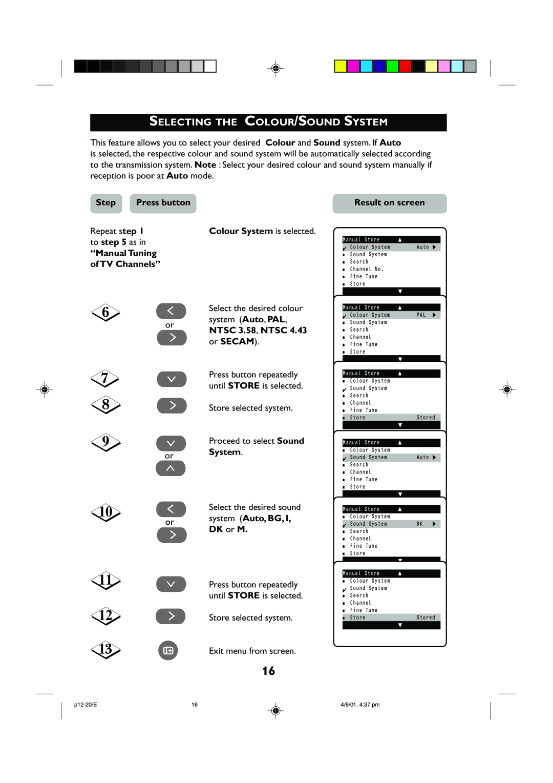 Philips 29PT2252, 25PT2252 operating instructions Selecting the COLOUR/SOUND System 