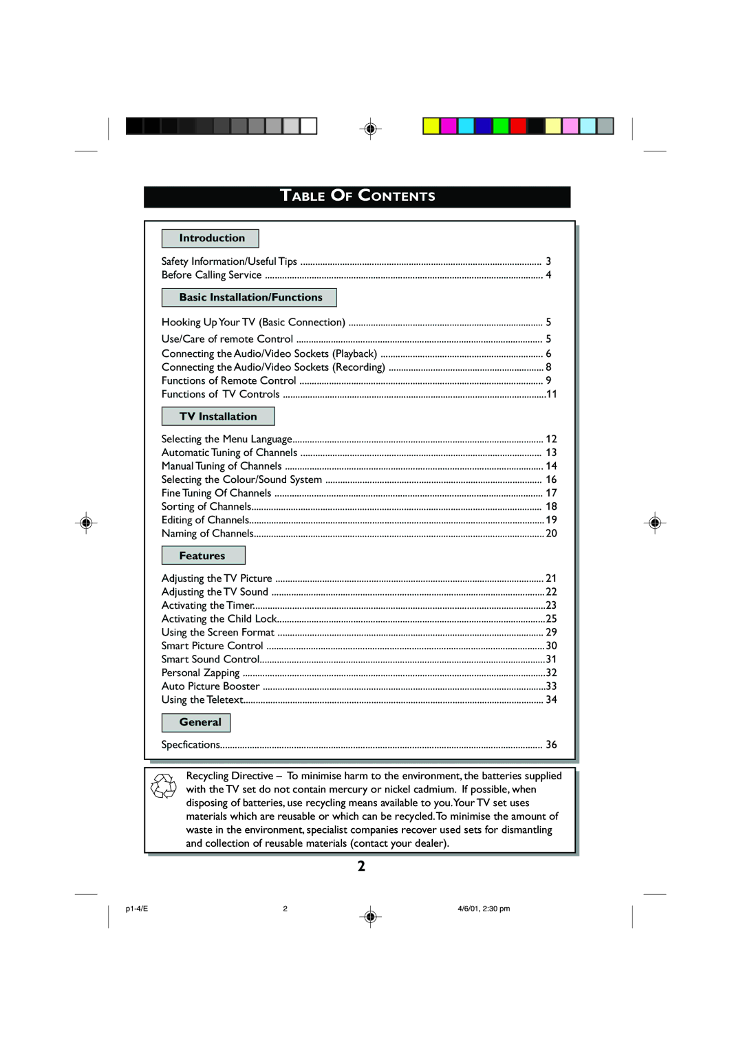 Philips 29PT2252, 25PT2252 operating instructions Table of Contents 