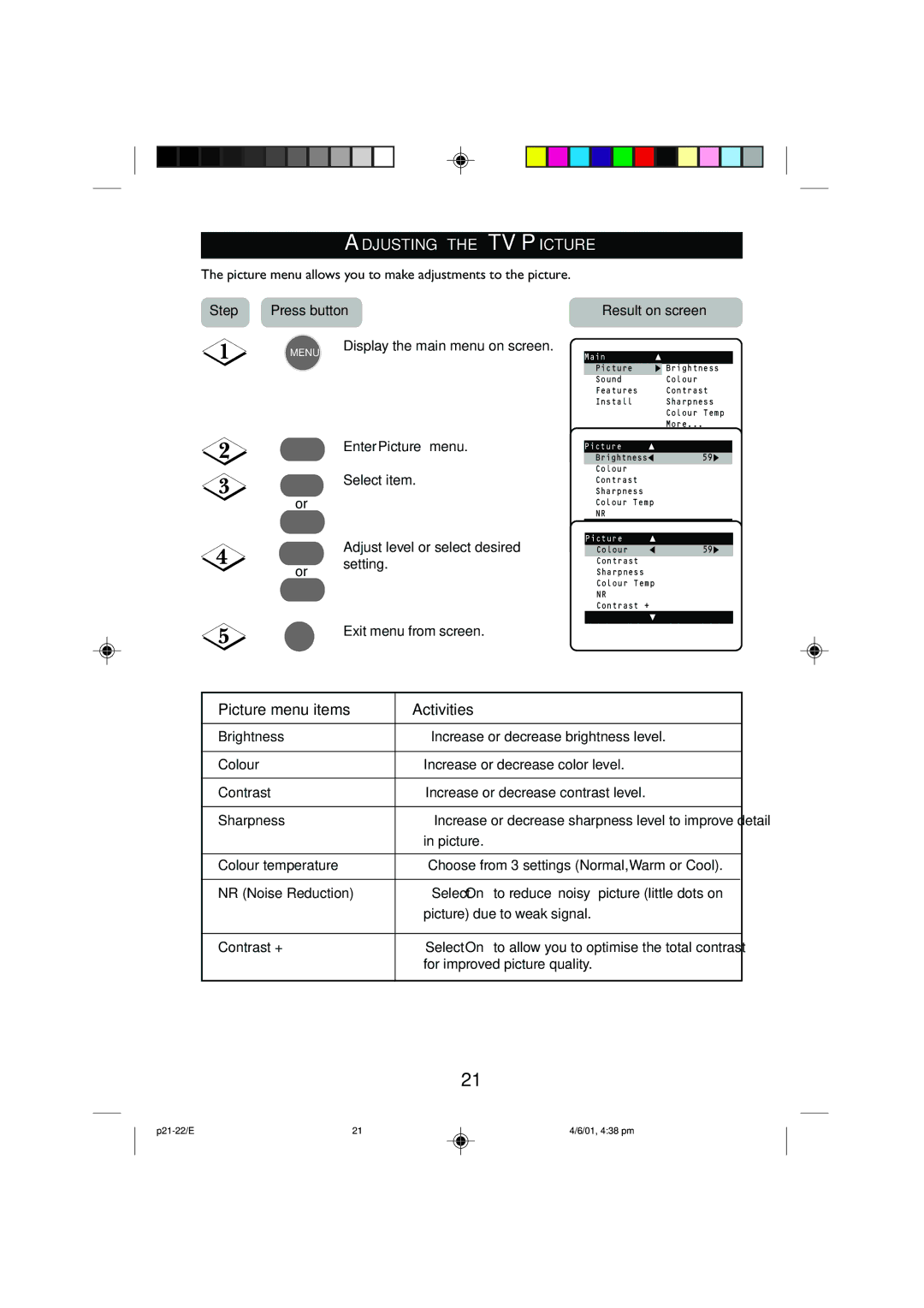 Philips 25PT2252, 29PT2252 operating instructions Adjusting the TV Picture, Picture menu items Activities, Step 