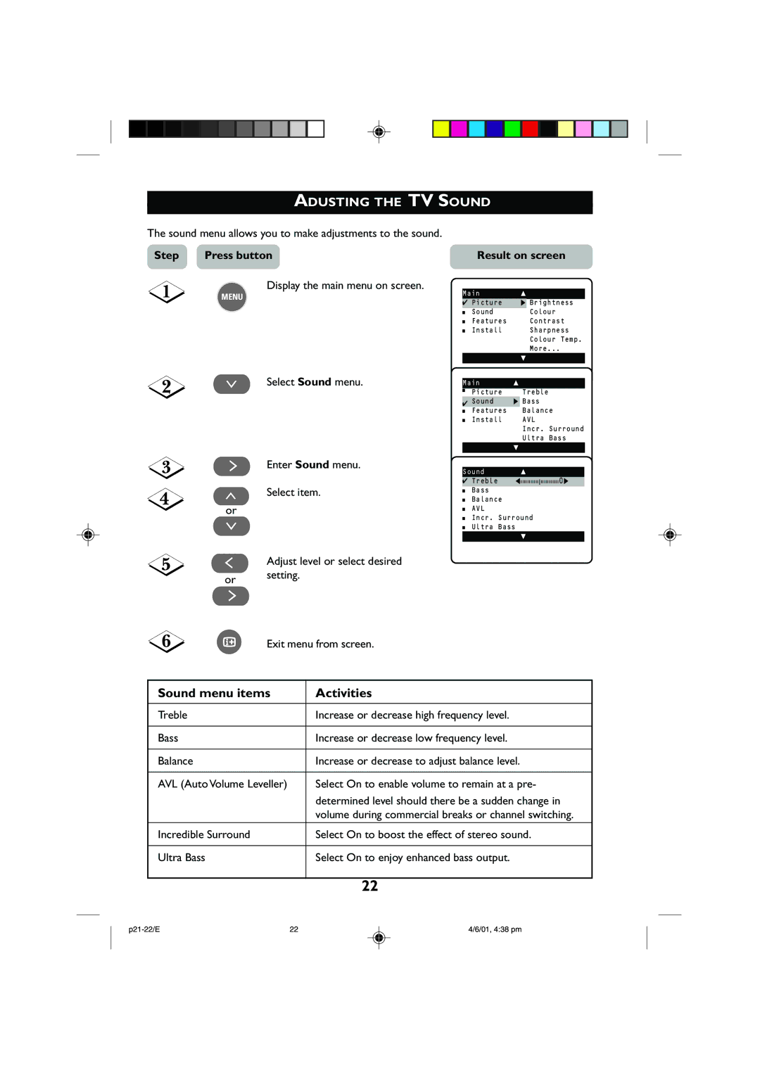 Philips 29PT2252, 25PT2252 operating instructions Adusting the TV Sound, Sound menu items Activities 