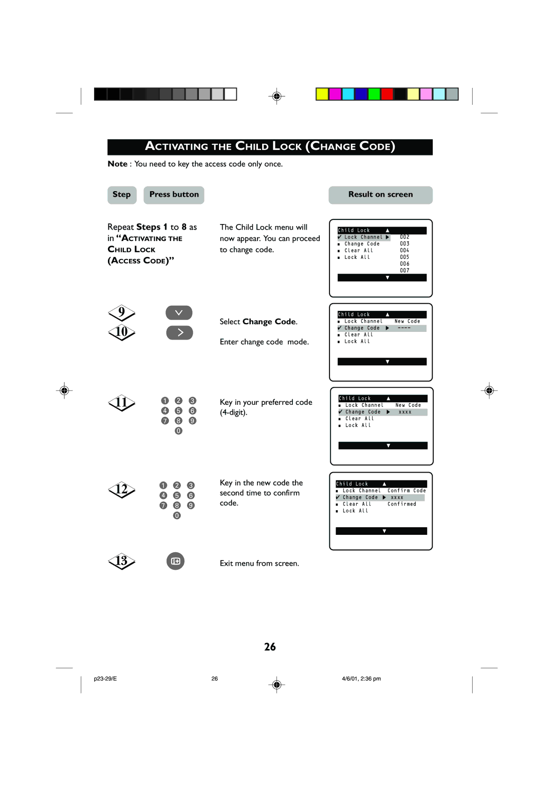 Philips 29PT2252, 25PT2252 operating instructions Activating the Child Lock Change Code, Select Change Code 