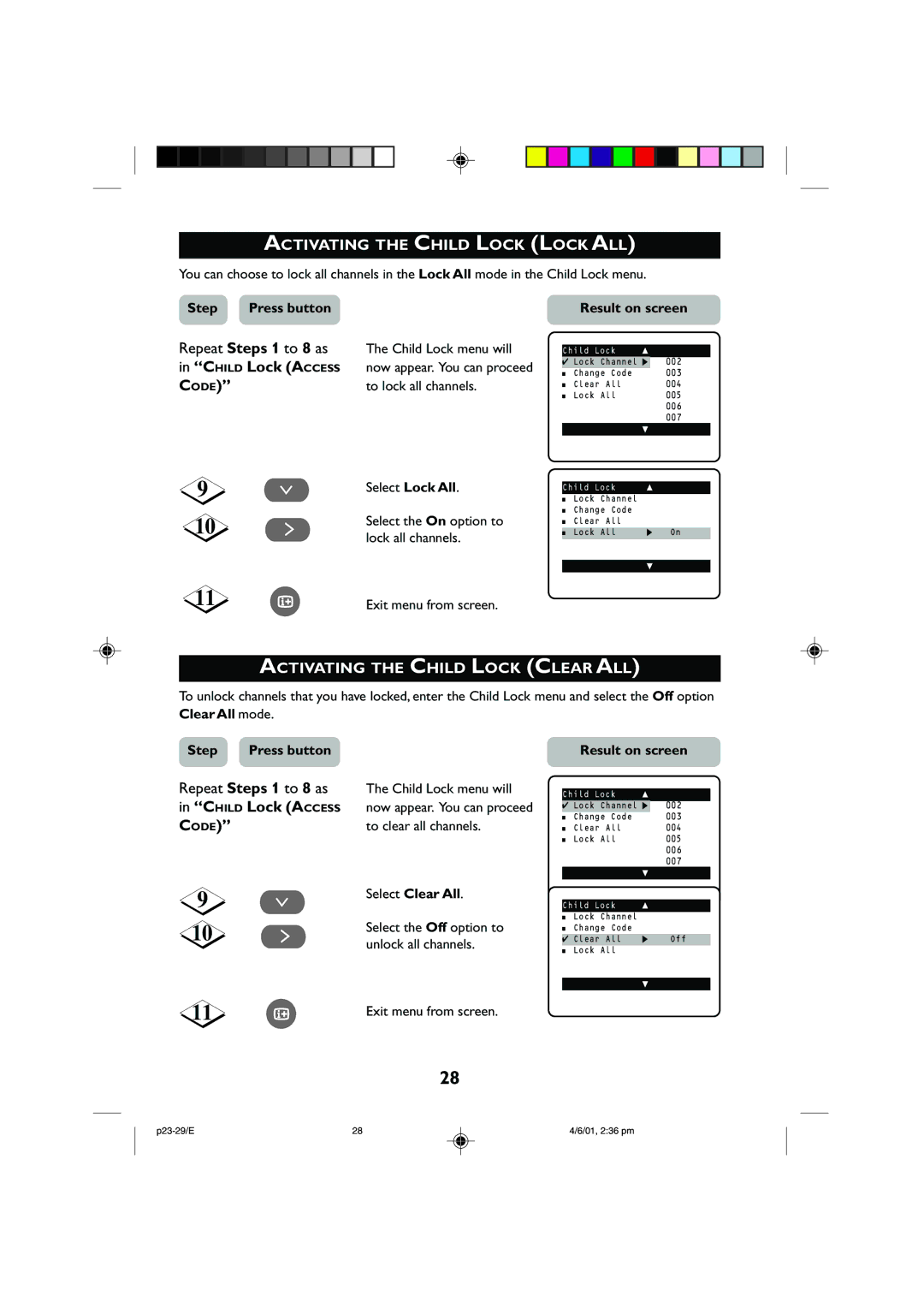 Philips 29PT2252, 25PT2252 Activating the Child Lock Lock ALL, Activating the Child Lock Clear ALL, To lock all channels 