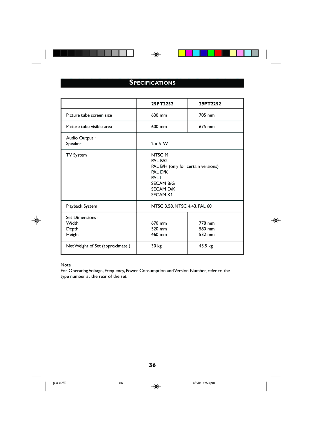 Philips operating instructions Specifications, 25PT2252 29PT2252, PAL B/H only for certain versions 