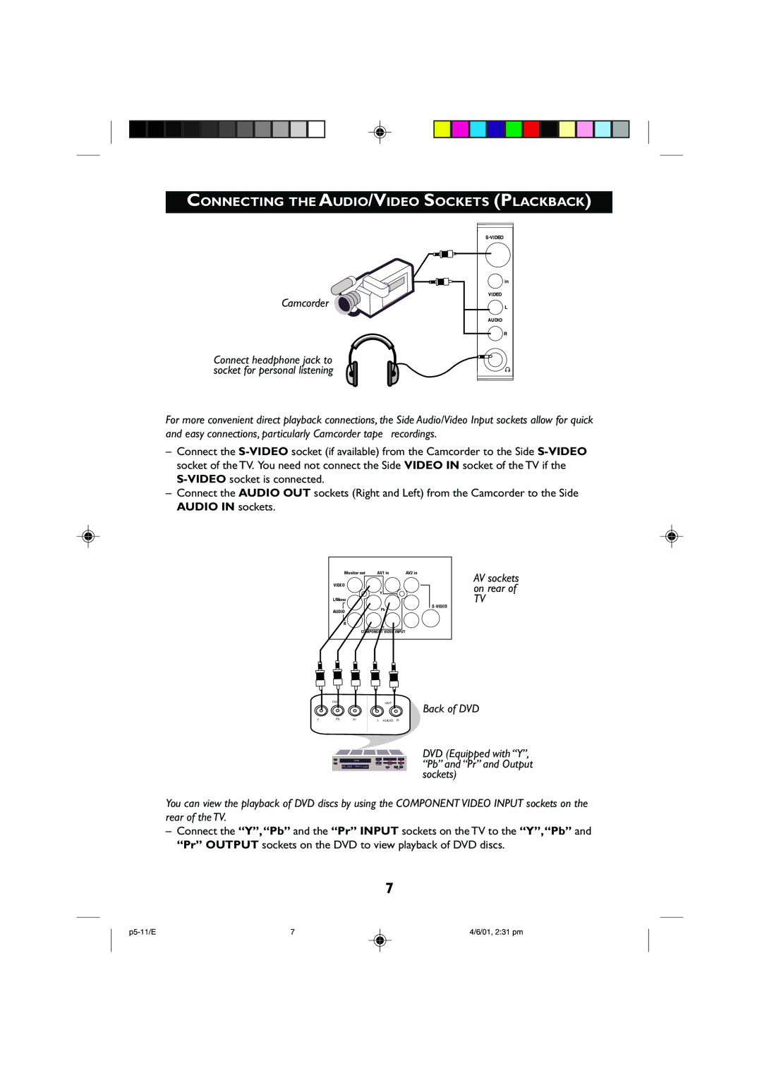 Philips 25PT2252, 29PT2252 operating instructions Connecting the AUDIO/VIDEO Sockets Plackback, Camcorder 