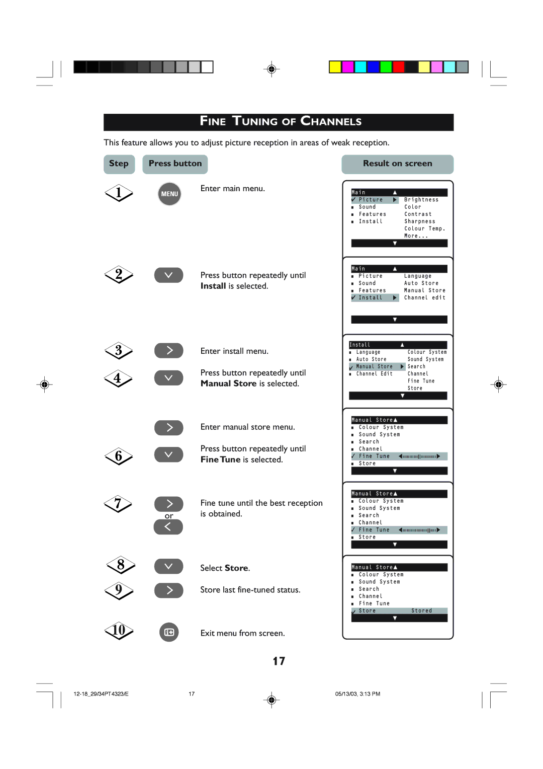Philips 29PT3323 operating instructions Fine Tuning of Channels, Step Press buttonResult on screen 
