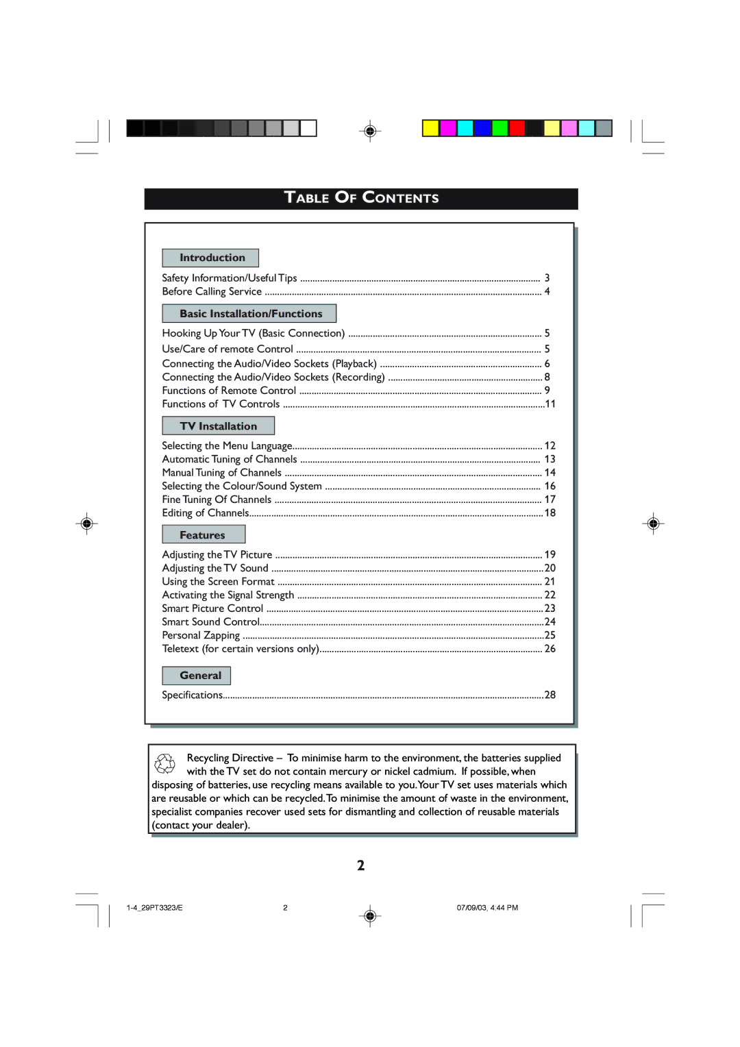 Philips 29PT3323 operating instructions Table of Contents 