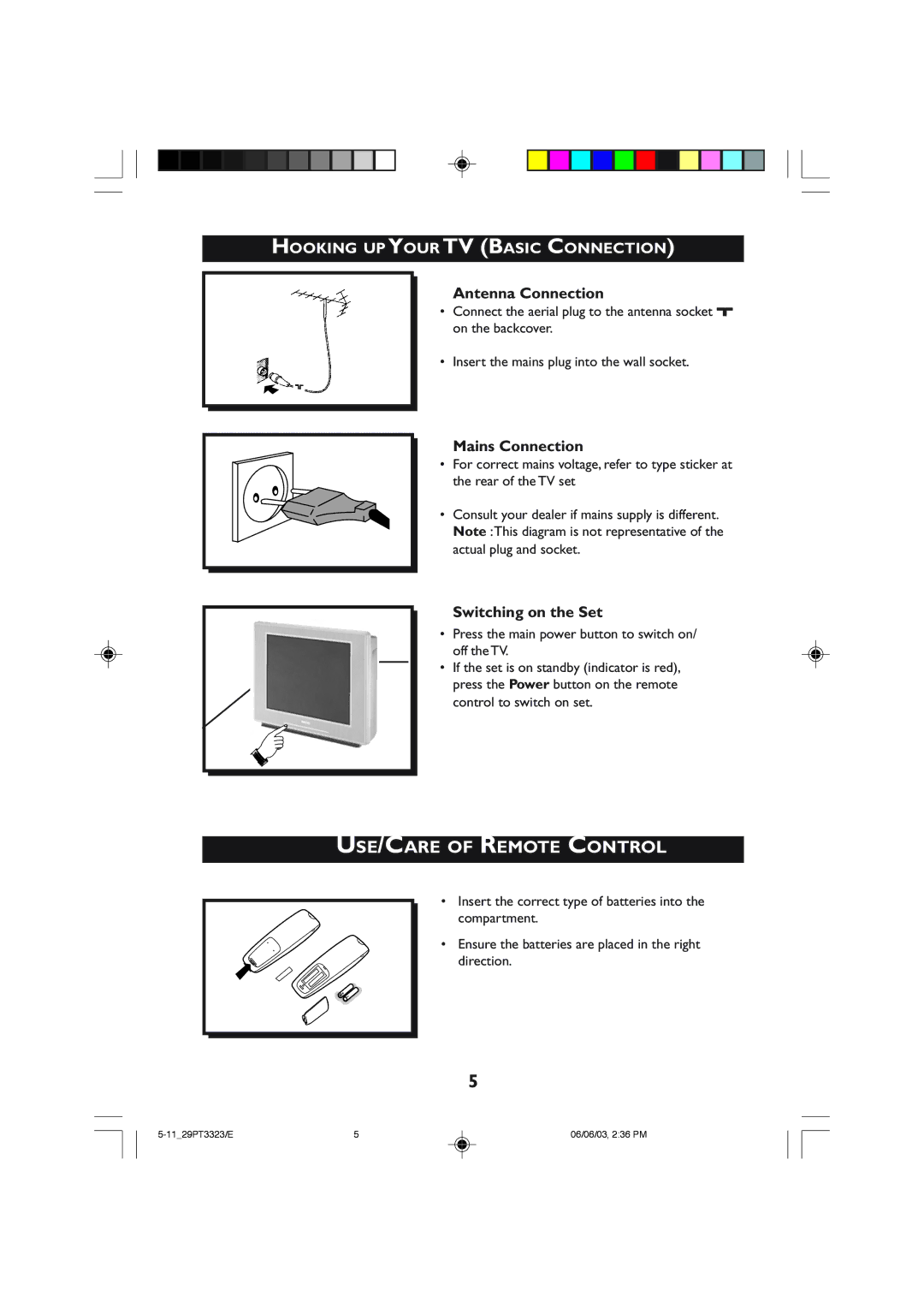 Philips 29PT3323 Hooking UP Your TV Basic Connection, Antenna Connection, Mains Connection, Switching on the Set 