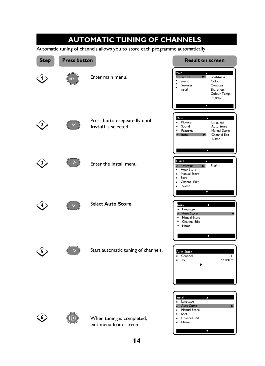 Philips 29PT3425 user manual Automatic Tuning of Channels, Install is selected, Exit menu from screen 