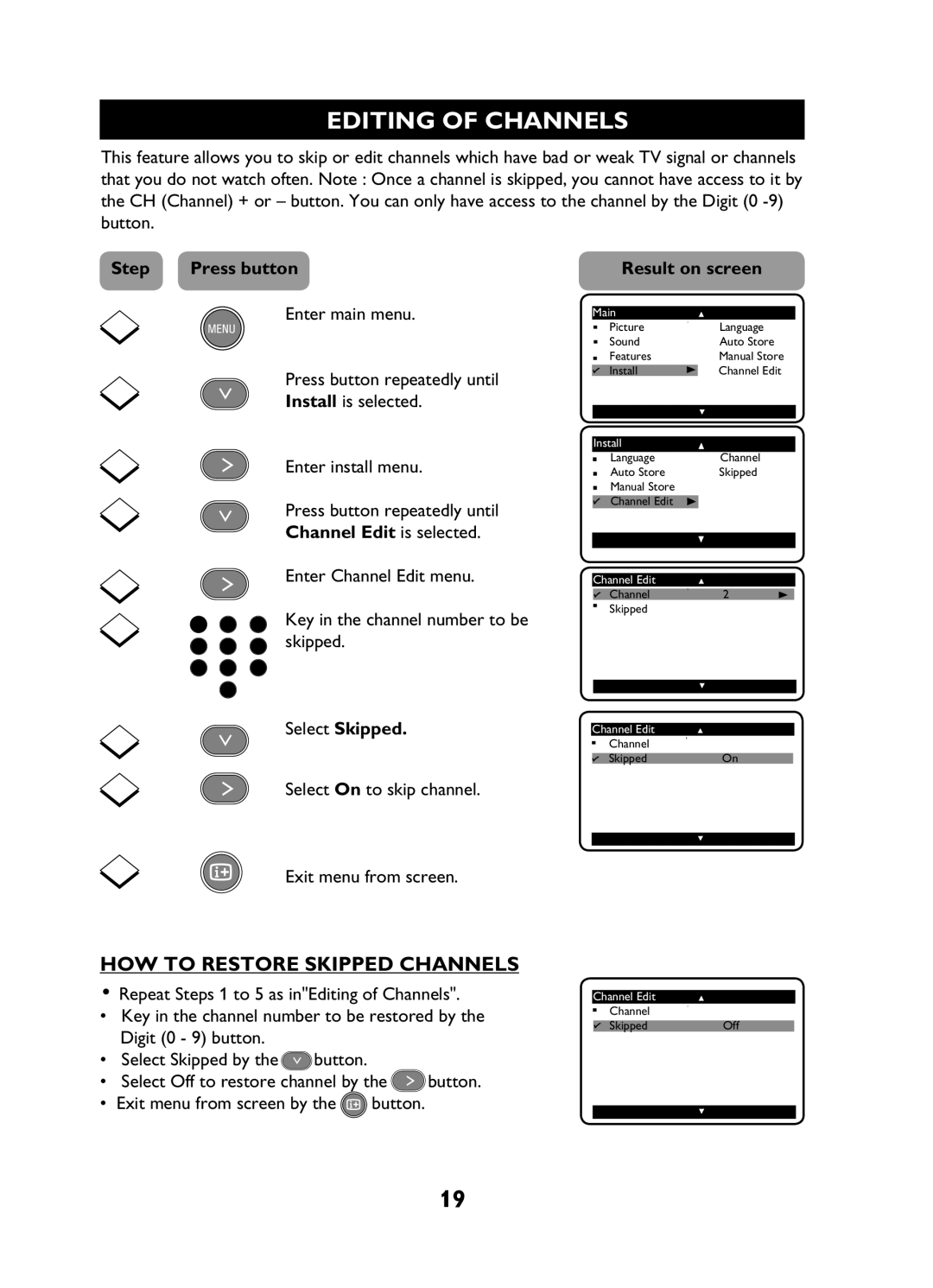 Philips 29PT3425 user manual Editing of Channels, Channel Edit is selected, Select Skipped 