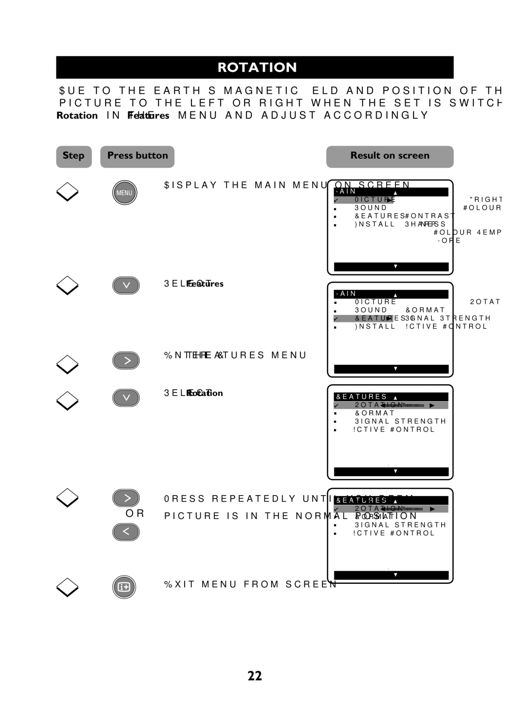 Philips 29PT3425 user manual Rotation, Display the main menu on screen 