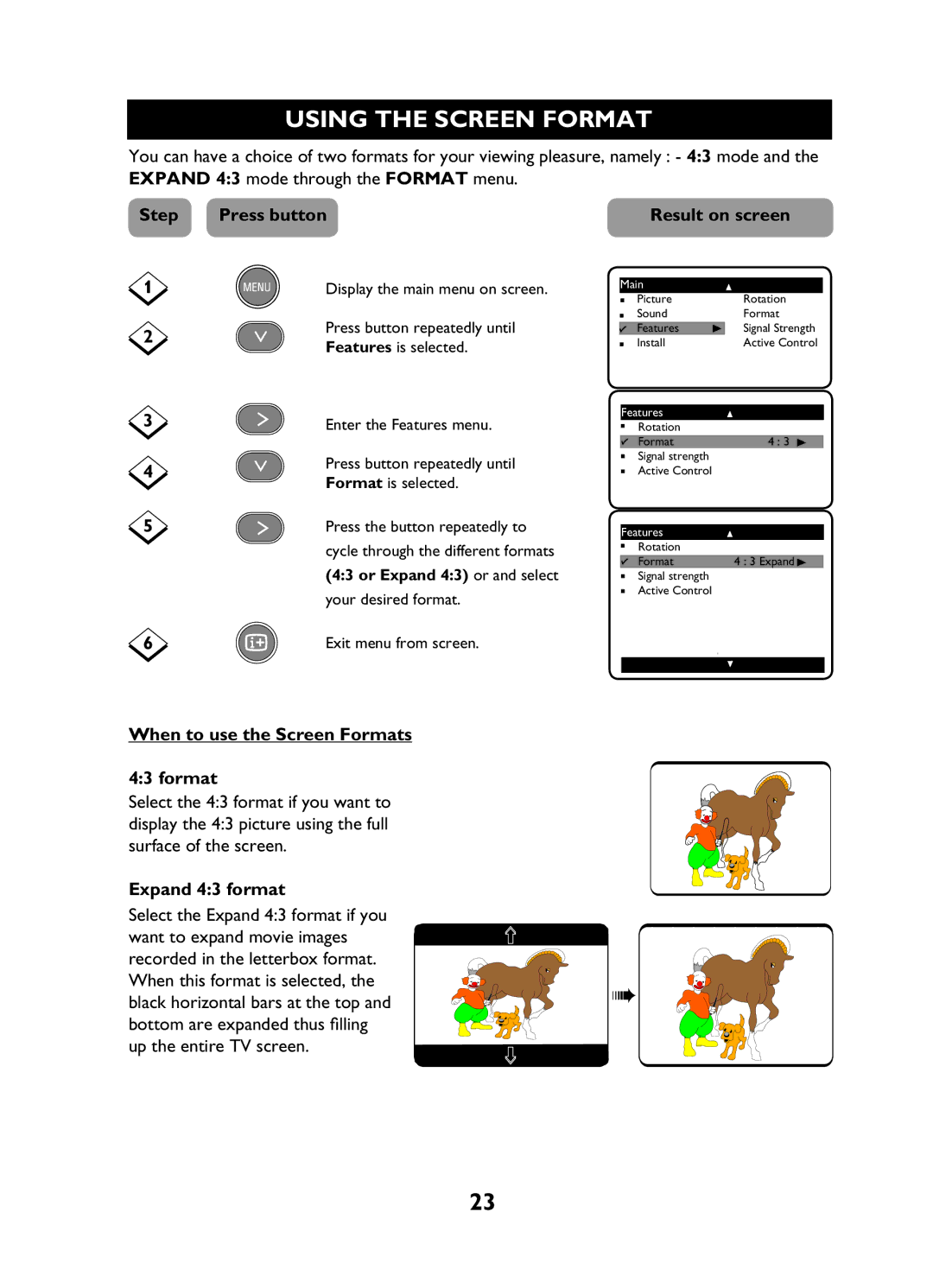 Philips 29PT3425 user manual Using the Screen Format, When to use the Screen Formats, Expand 43 format 