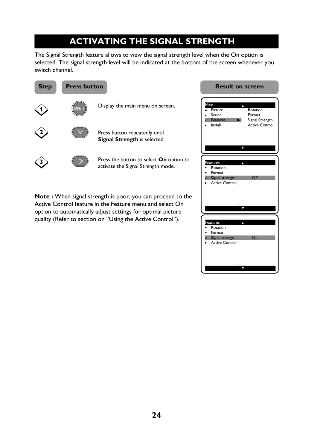 Philips 29PT3425 user manual Activating the Signal Strength 