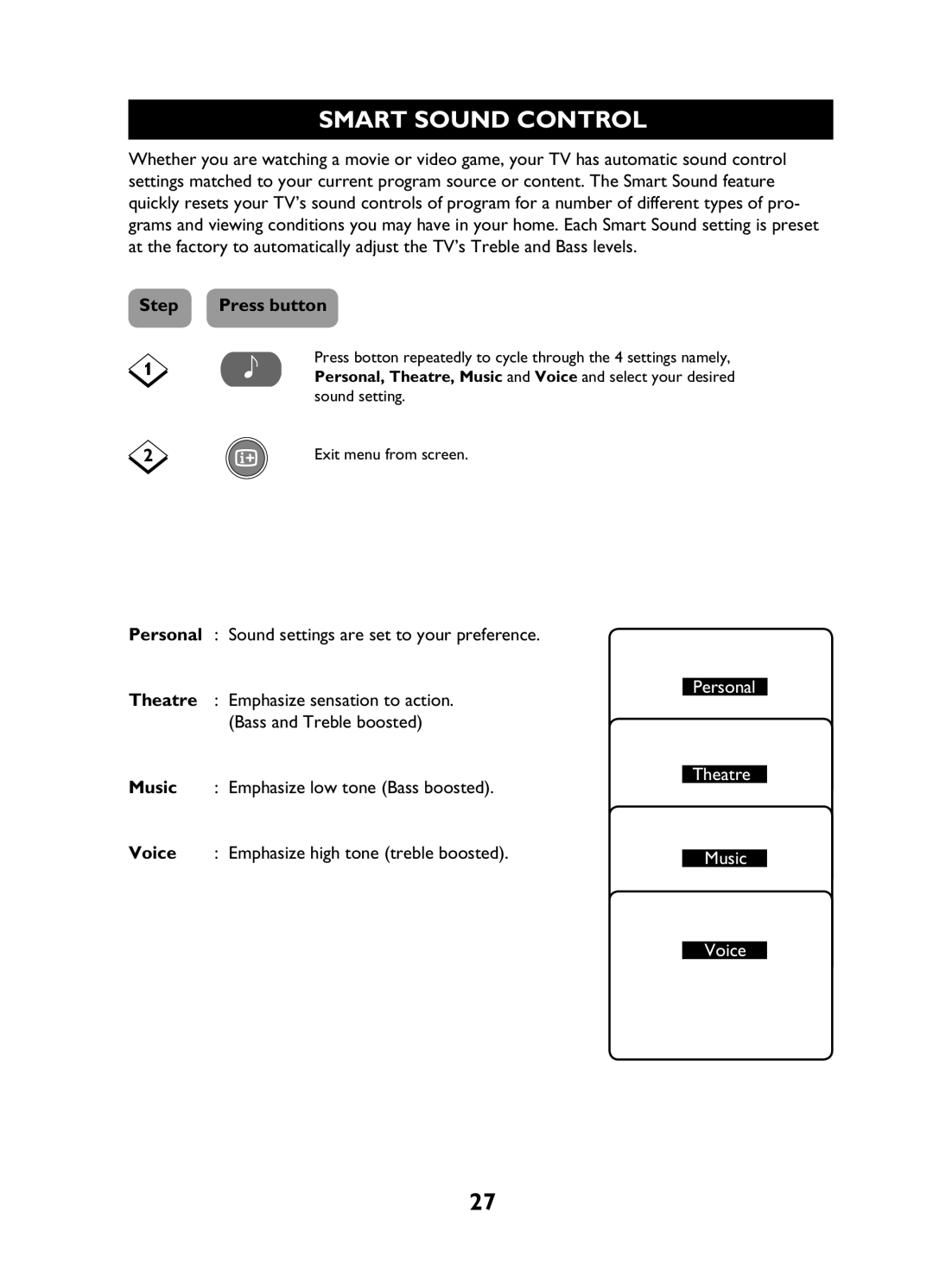 Philips 29PT3425 user manual Smart Sound Control, Step Personal Press button, Theatre, Music 