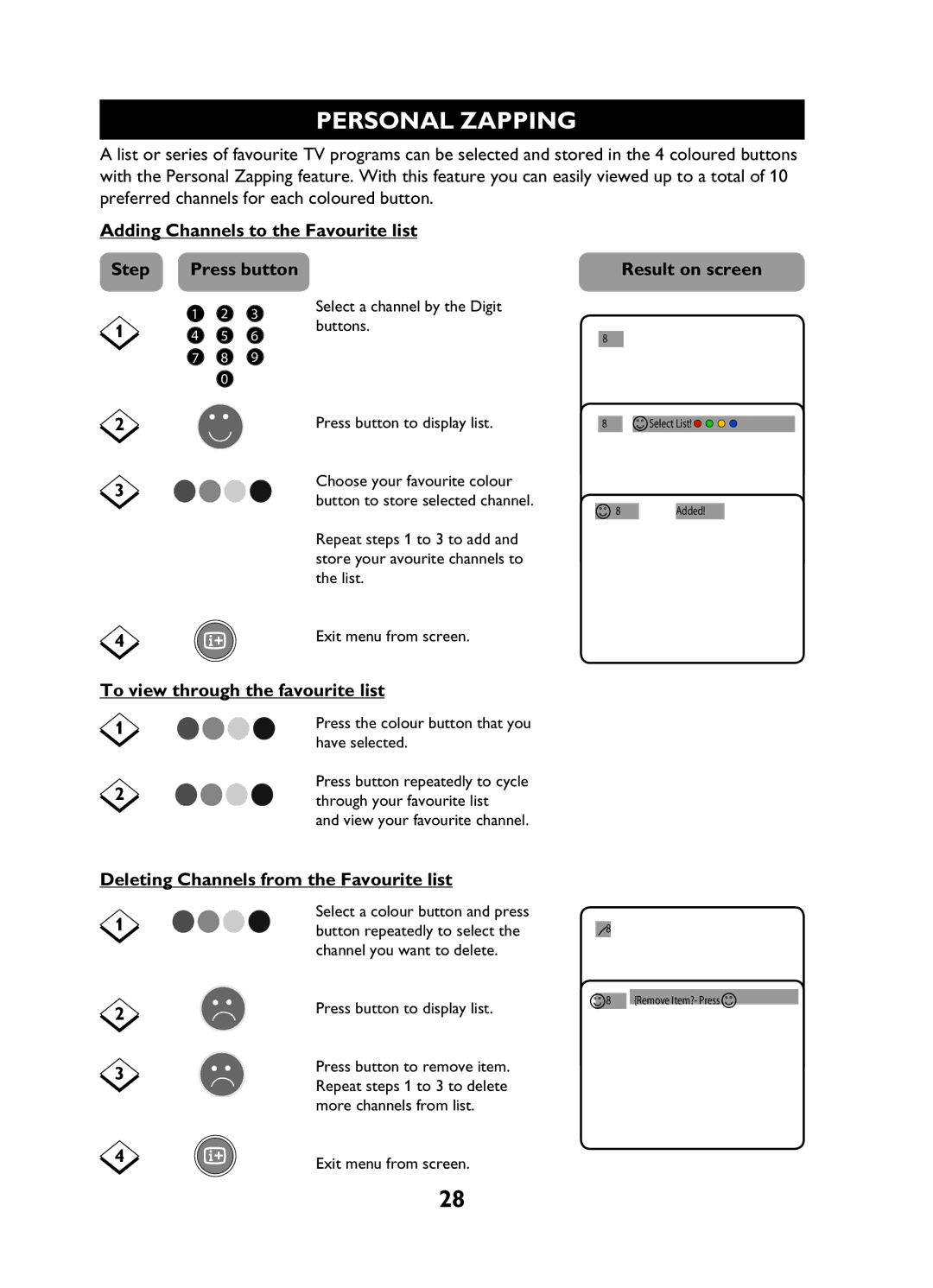 Philips 29PT3425 user manual Personal Zapping, Adding Channels to the Favourite list, To view through the favourite list 