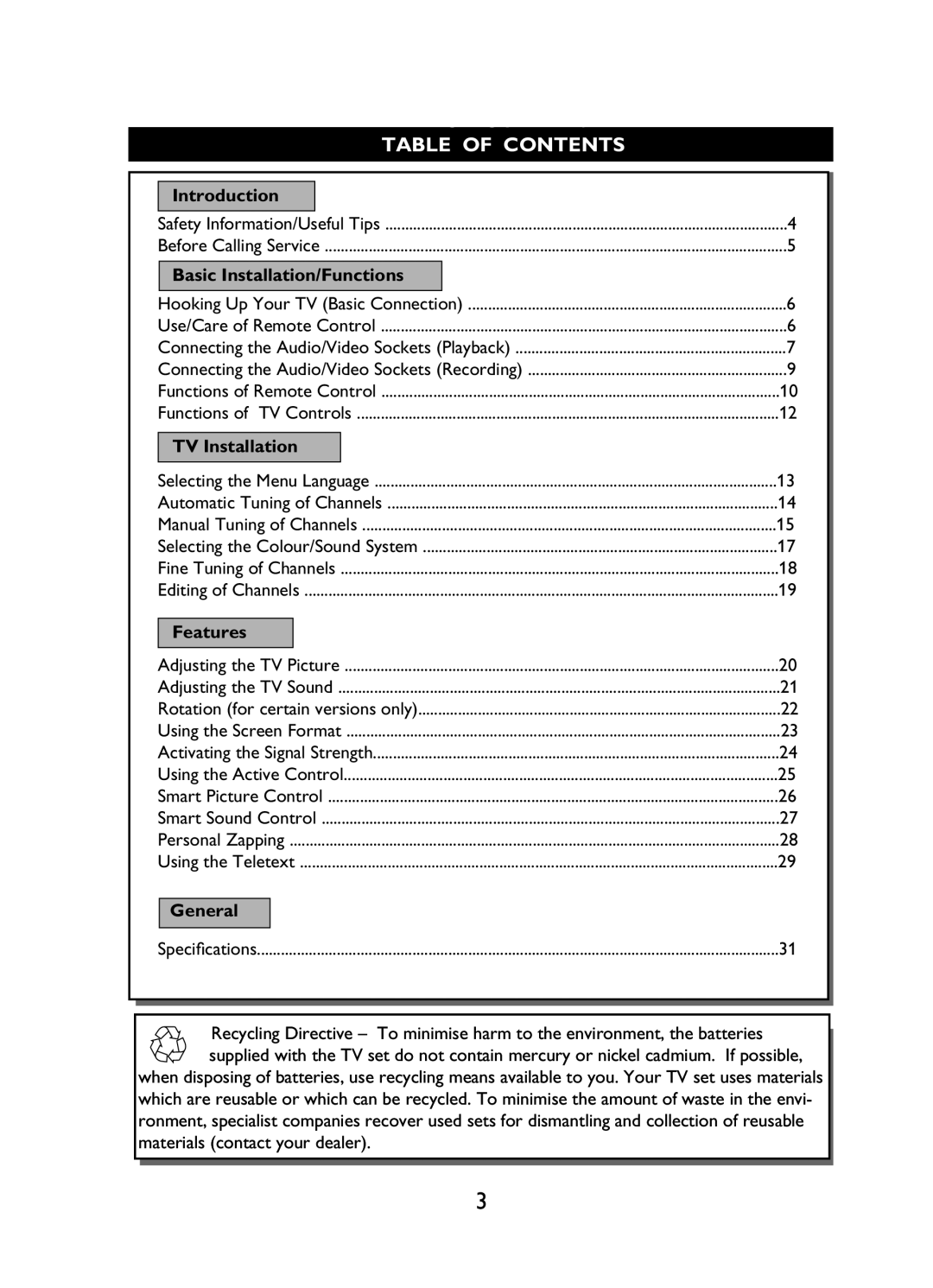 Philips 29PT3425 user manual Table of Contents 