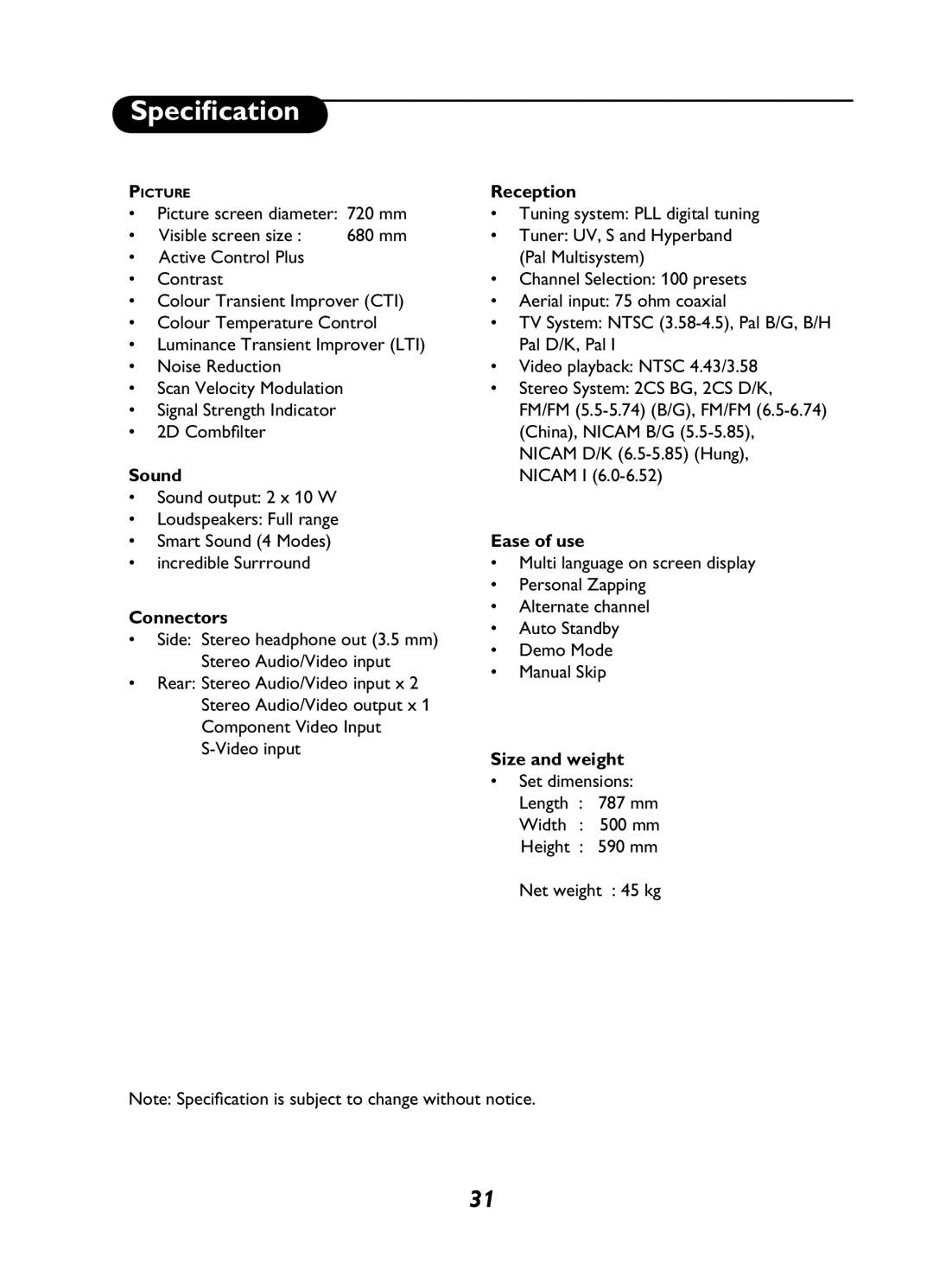 Philips 29PT3425 user manual Sound, Connectors, Reception, Ease of use, Size and weight 