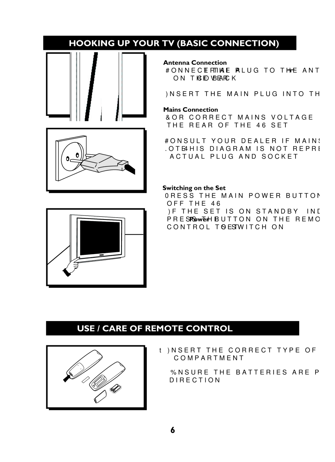 Philips 29PT3425 Hooking UP Your TV Basic Connection, USE / Care of Remote Control, Antenna Connection, Mains Connection 