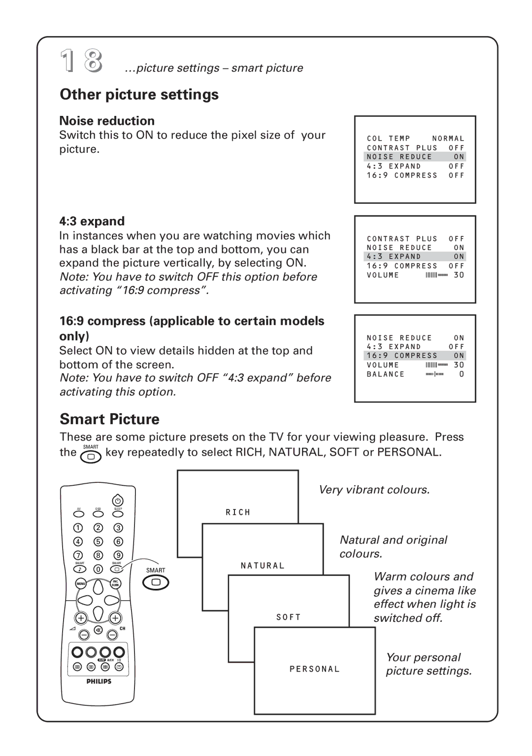 Philips 29PT4973 manual Other picture settings, Smart Picture, Noise reduction, Expand 